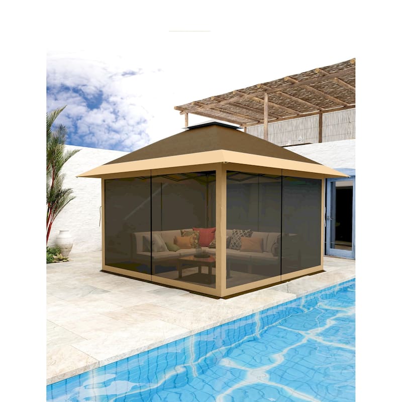 12' x 12' Outdoor Gazebo, Heavy Duty Double Roof Patio Gazebo with Netting and Curtains