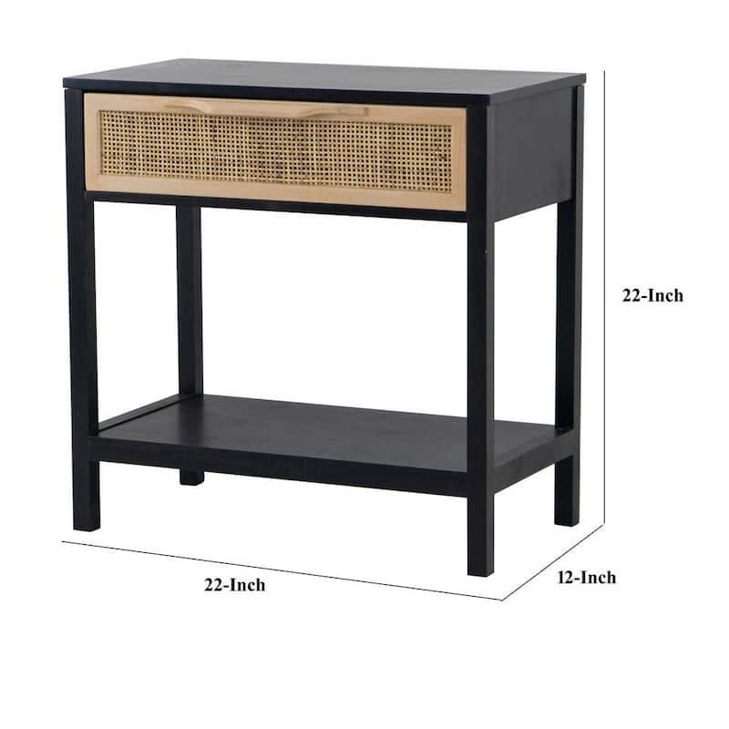 22 Inch Accent Side Table, Pine Wood, Woven Rattan, 1 Drawer - 22 H x 12 W x 22 L Inches