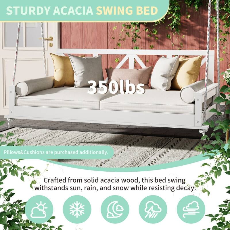 Acacia Wood Twin Size Patio Swing Bed with Hanging Frame