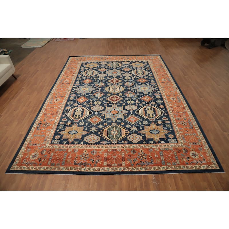 Hand Knotted Oriental 100% Wool Carpet Traditional All-Over Navy Blue & Blues Heriz (serapi) Area Rug - 13' 8'' X 10' 1''