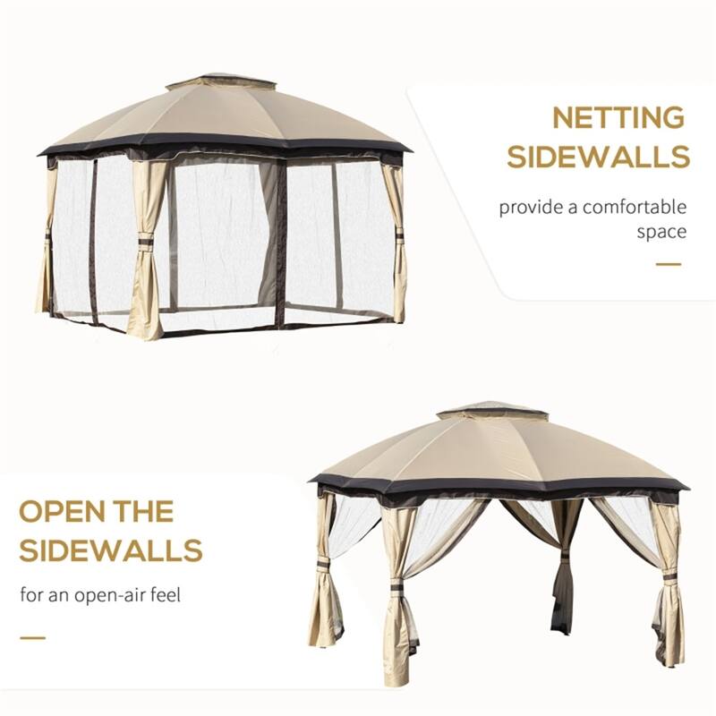 Beige-Black-Dark Coffee Steel Polyester Outdoor Gazebo with Netting and Hook - 12' L x 9.8' W x 9.8' H