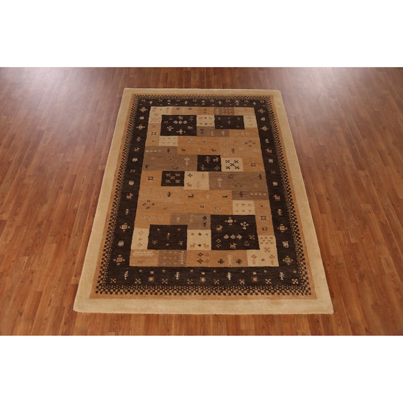 Geometric Gabbeh Indian Area Rug Brown Tribal Handmade Wool Carpet - 5'3" x 7'7"