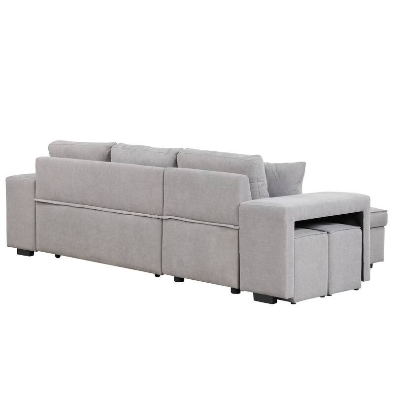 104.5" Linen L-Shaped Sectional Sofa with Pull-Out Bed and Storage Chaise, Includes 2 Stools