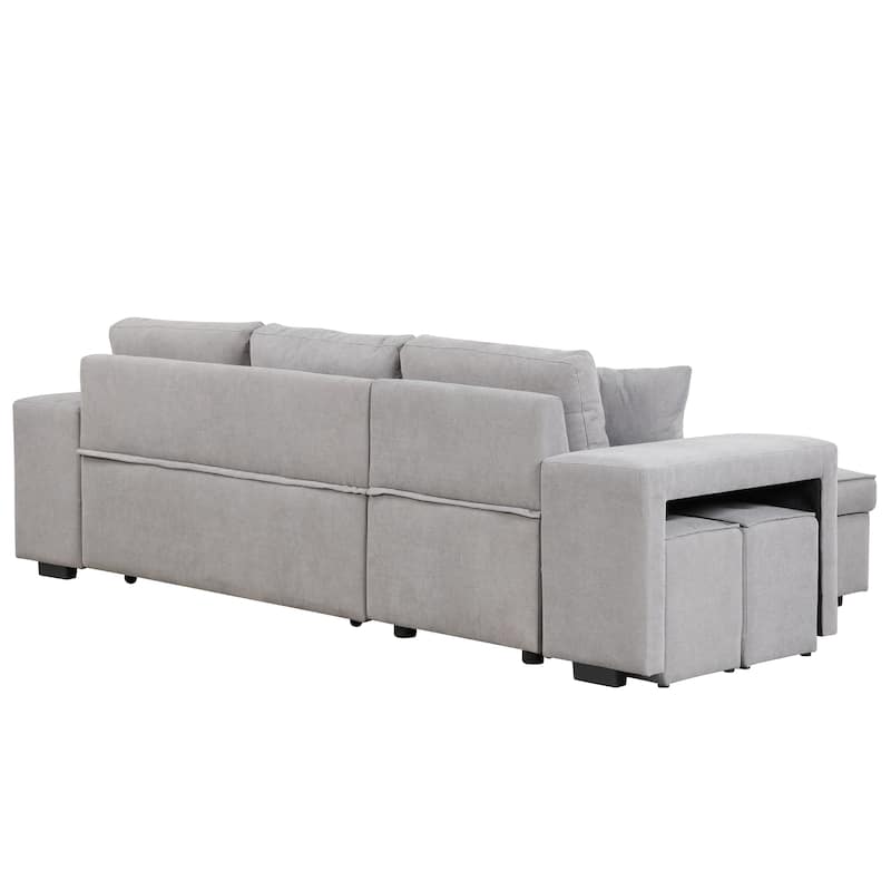 Grey 104.5" Charcoal L-Shaped 3-Seater Convertible Sofa with Pull-Out Bed, Storage Chaise, and 2 Convenient Stools