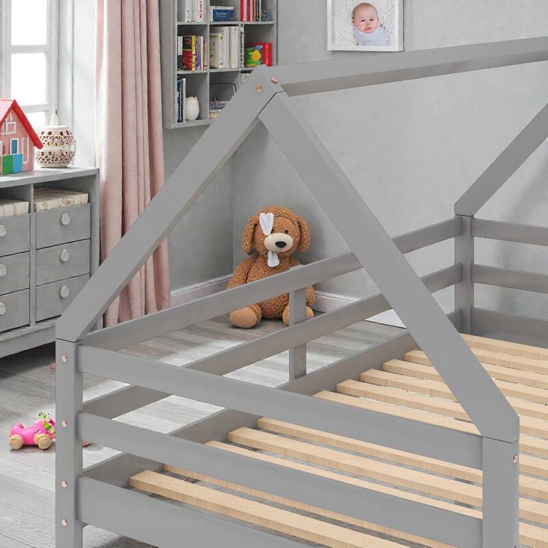 Twin over Twin Low Bunk Bed House Frame with Ladder, Kids Wooden Bunk Bed, Pine Wood and MDF, No Box Spring