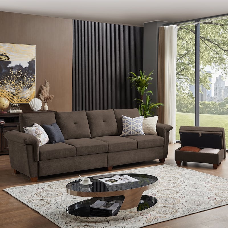109" Modern 4 Seaters Towelling Sectional Sofa with Hidden Coffee Table Adjustable Headrest and Large Storage Space