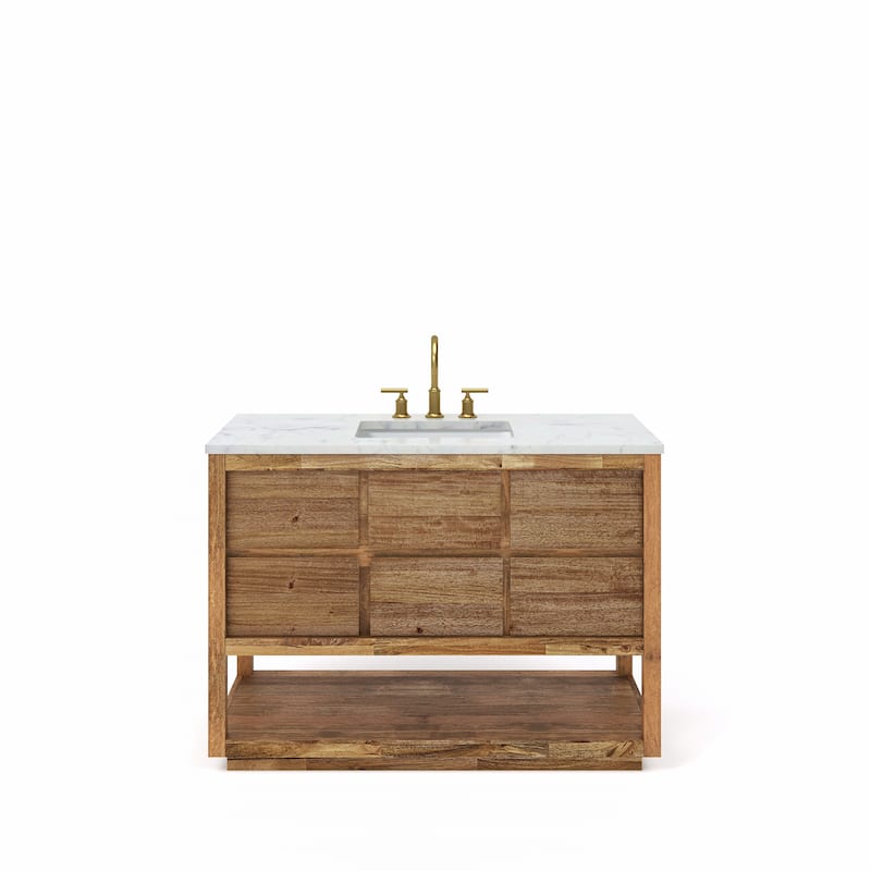 Oakman Mango Wood Carrara White Marble Countertop Bath Vanity with Faucet - 48" - Gold Finish