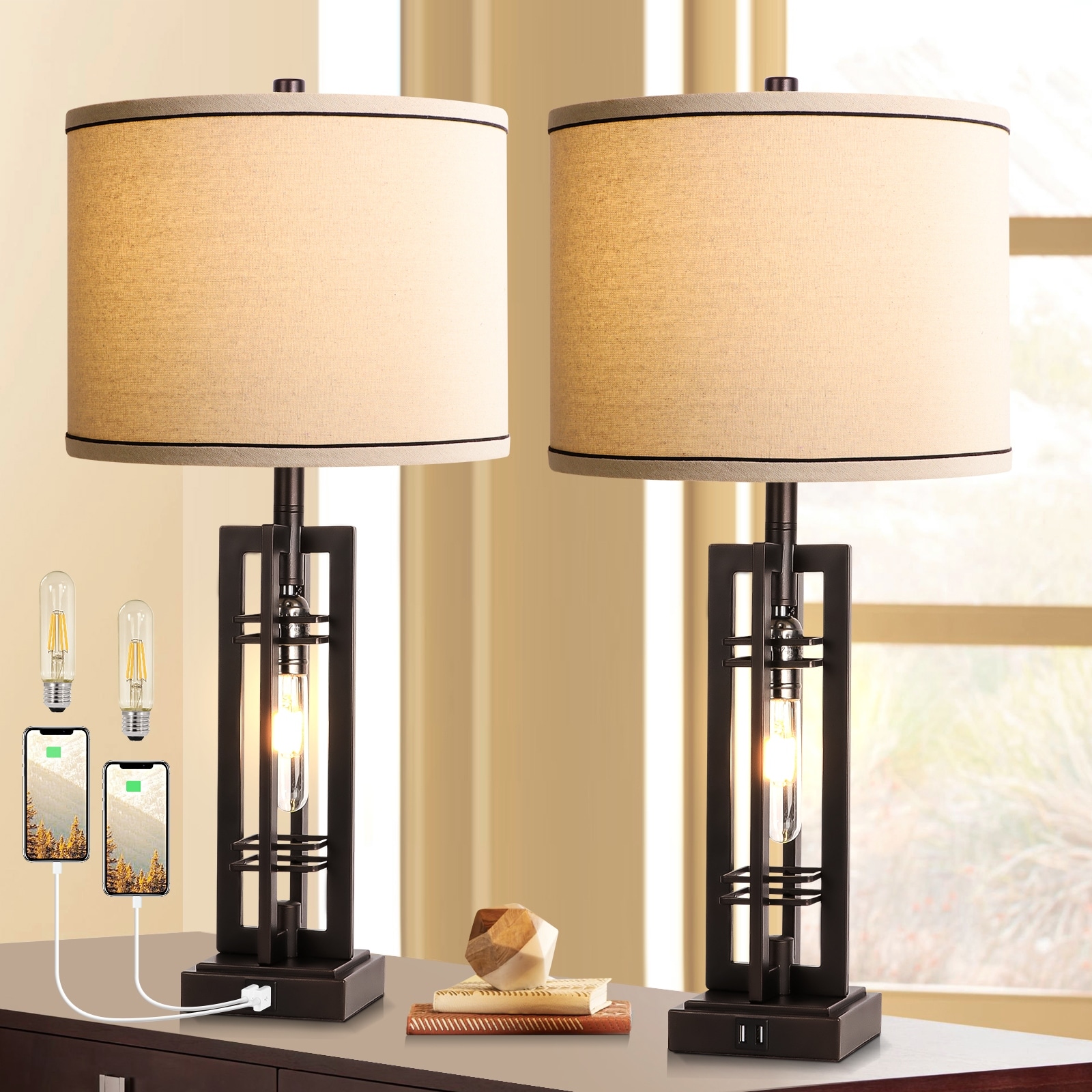 27.5 Tall Table Lamps With USB C + USB A Charge Ports, Rustic Living Room Lamps Set Of 2, Industrial End Table Lamp Nightstand