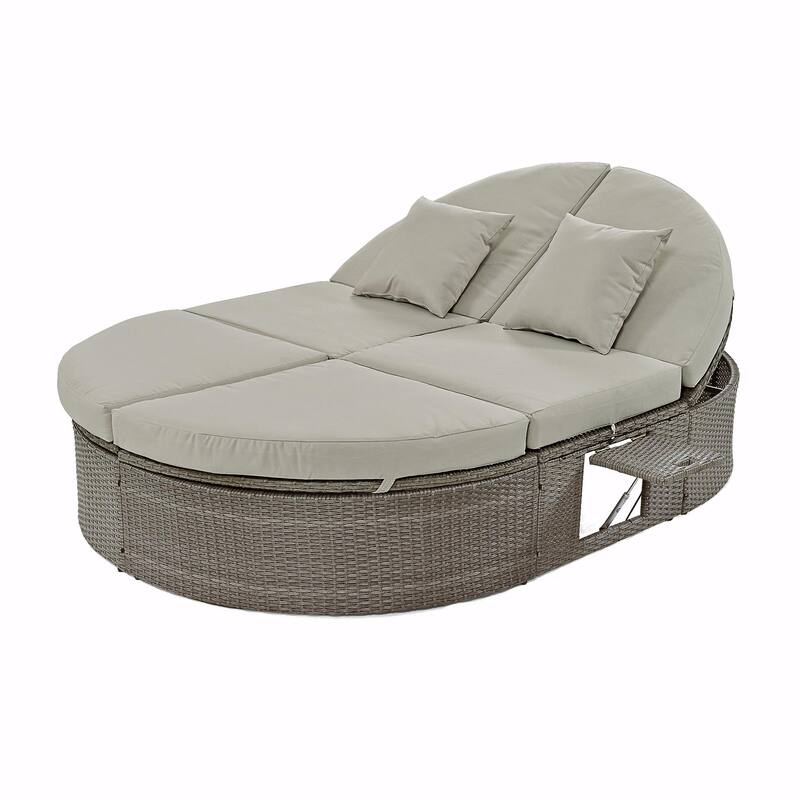 Rattan Patio Daybed with Cushions, Reclining Chaise Lounge, Foldable Trays - Gray
