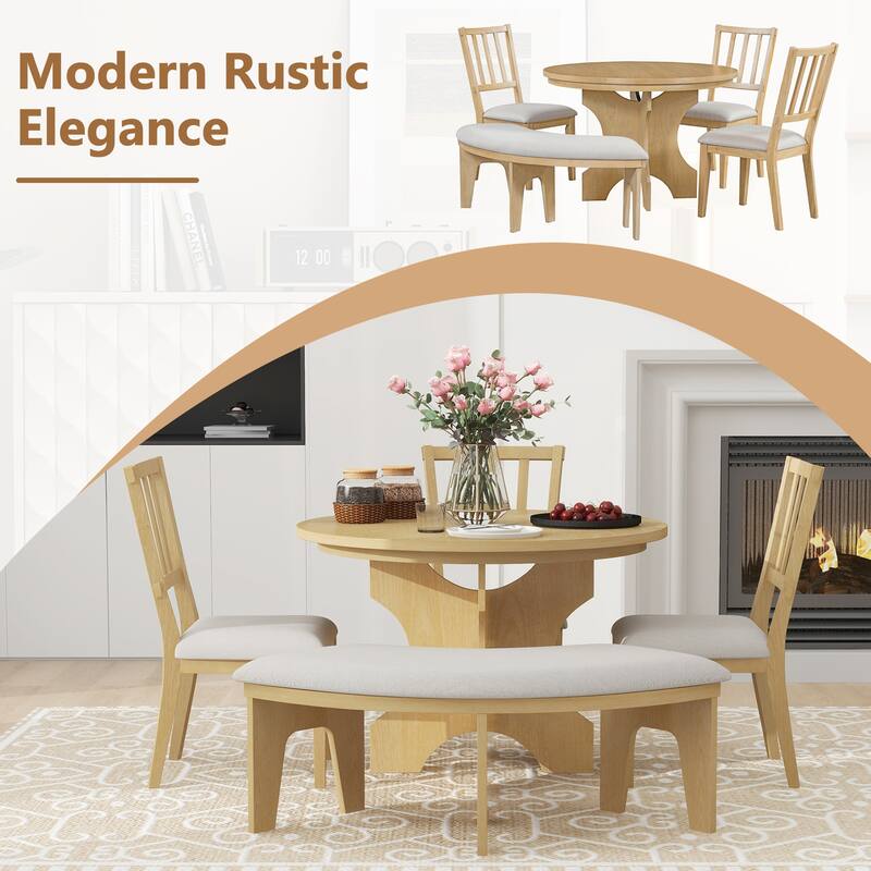 5-Piece Rustic Dining Set with Round Table, 3 Chairs & Bench