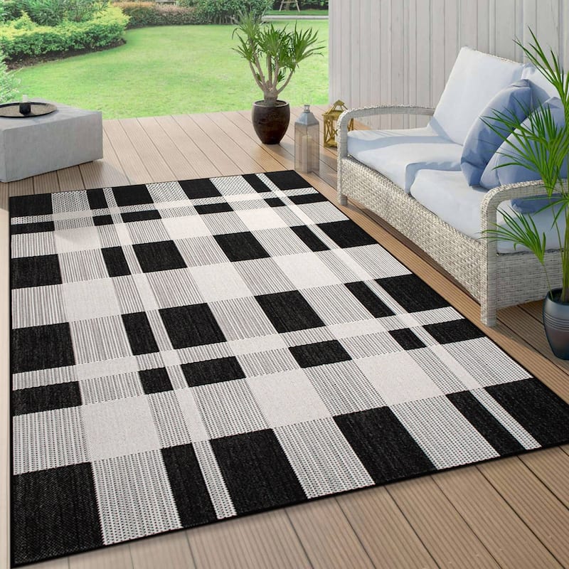 Contemporary Plaid Indoor/Outdoor Flatweave Waterproof Backyard Patio Area Rug