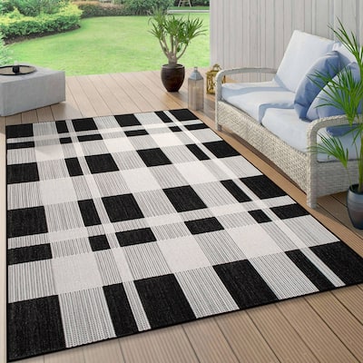 Contemporary Plaid Indoor/Outdoor Flatweave Waterproof Backyard Patio Area Rug