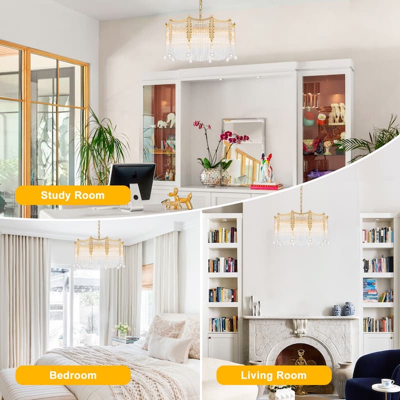 Gold Chandelier Clear Glass Rods & Hanging Crystal Balls Accents