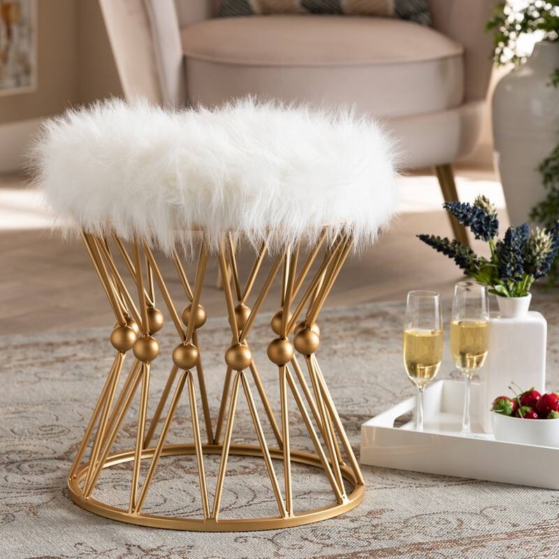 Leonie Glam and Luxe White Faux Upholstered Gold Finished Metal Ottoman - 18.31"H x 16.14"W x 16.14"D - White/Gold