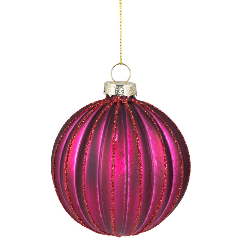 Ribbed Glittered Glass Ball Christmas Ornaments - 3" (75mm) - Maroon - 4ct