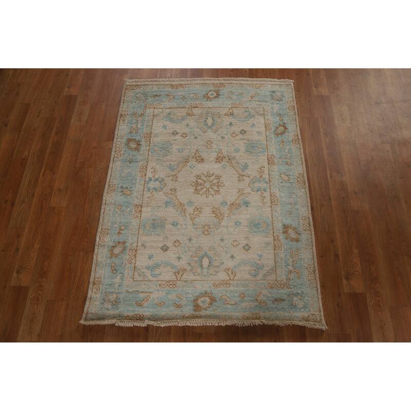 Hand Knotted Oriental 100% Wool Carpet Transitional Geometric Beige & Ivories Oushak Area Rug - 3' 11'' X 2' 11''