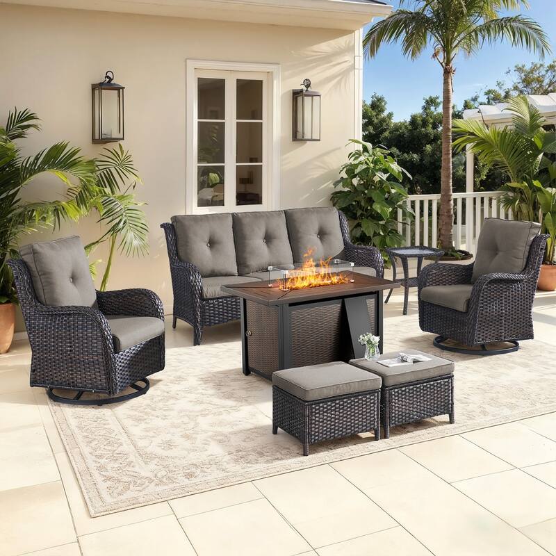 Gymojoy 7-Piece Patio Set w/ 55K BTU Fire Pit, 3-Seater Sofa, Swivel Rockers & Ottomans for Backyard, Deck