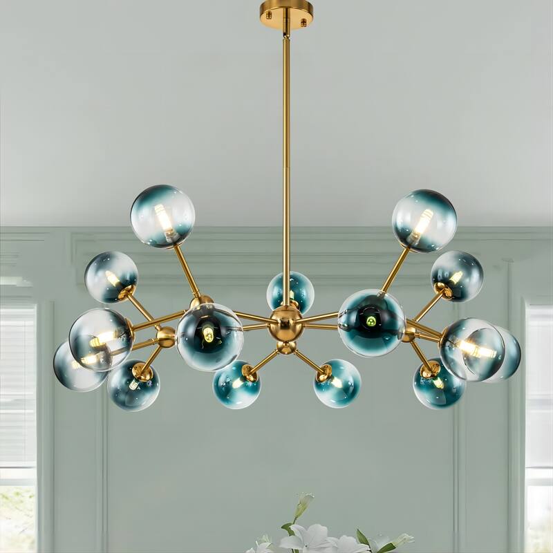 15-Light Modern Large Sputnik Glass Chandelier Cluster Blue Glass Bubble Pendant Light for Dining Room - 40.2 in. W x 13.8 in. H