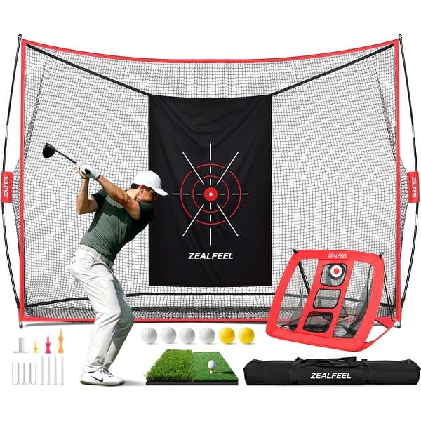 slide 2 of 8, Zealfeel Golf Practice Net 10x7FT with Chipping Target, Mat, Balls & Carry Bag, Indoor/Outdoor Use - Red