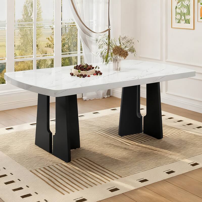 63" Kitchen Table for 4-6 People, Rectangular Dining Table with Faux Marble Tabletop and Geometric Legs - White+Black