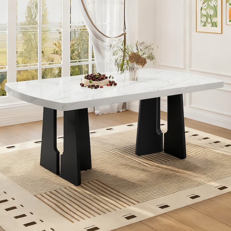 Modern Stylish Unique Color Blocking Design Faux Marble Dining Table with 3-Plate Support - White+Black