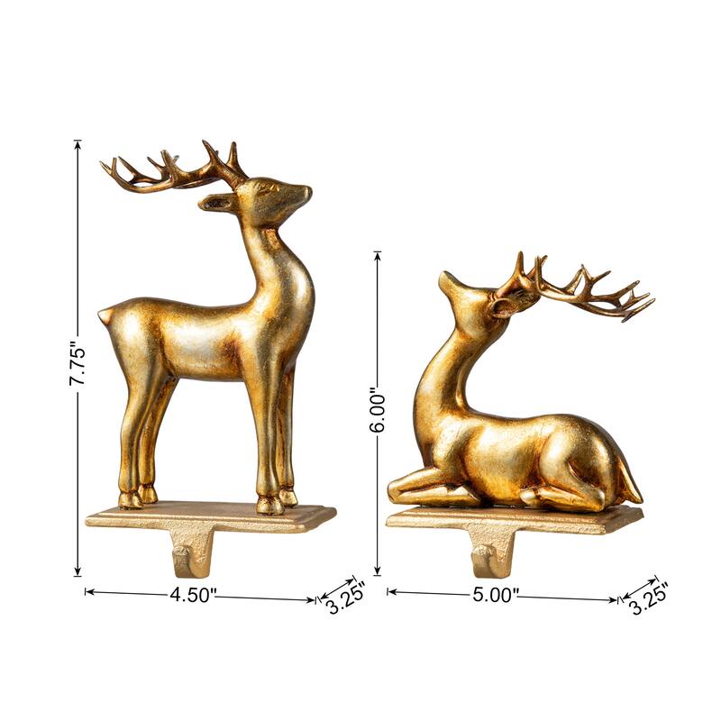 Glitzhome 7.75"H Set of 2 Gold Resin Standing & Sitting Reindeer Stocking Holders