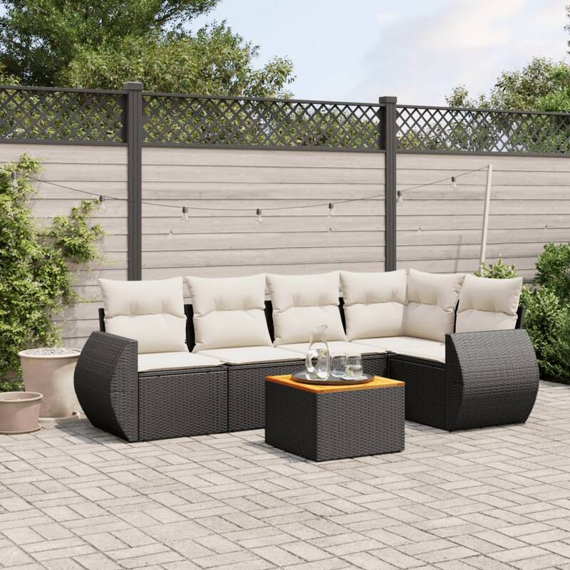 vidaXL Patio Sofa Set with Cushions Outdoor Furniture 6 Piece Poly Rattan - Black and Cream - 95.3 x 52.0 x 33.5