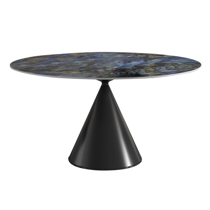 Modern Round Stone Top Black Titanium Stainless Steel Pedestal Dining Table - 4 Seats - Blue