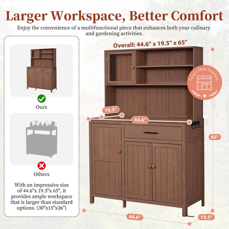 65" Solid Fir Wood Potting Bench with Hutch, Garden Workstation Table with Drawer, Spice Rack & Shelves