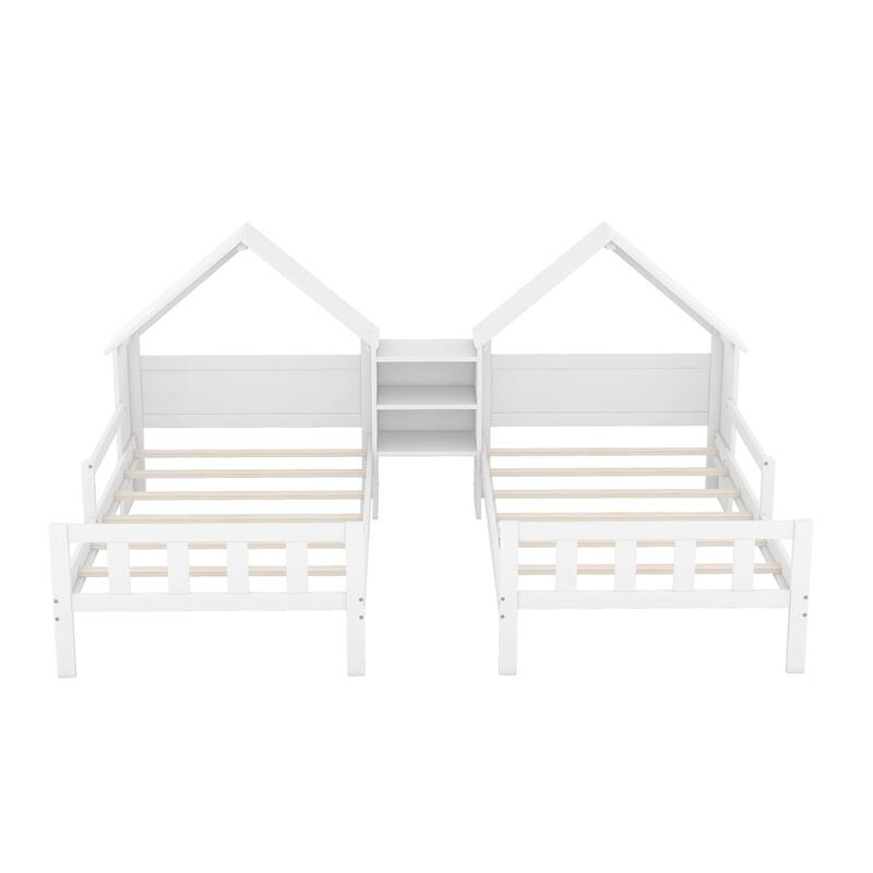 Double Twin Size Platform Bed With House-Shaped Headboard And A Built-In Nightstand