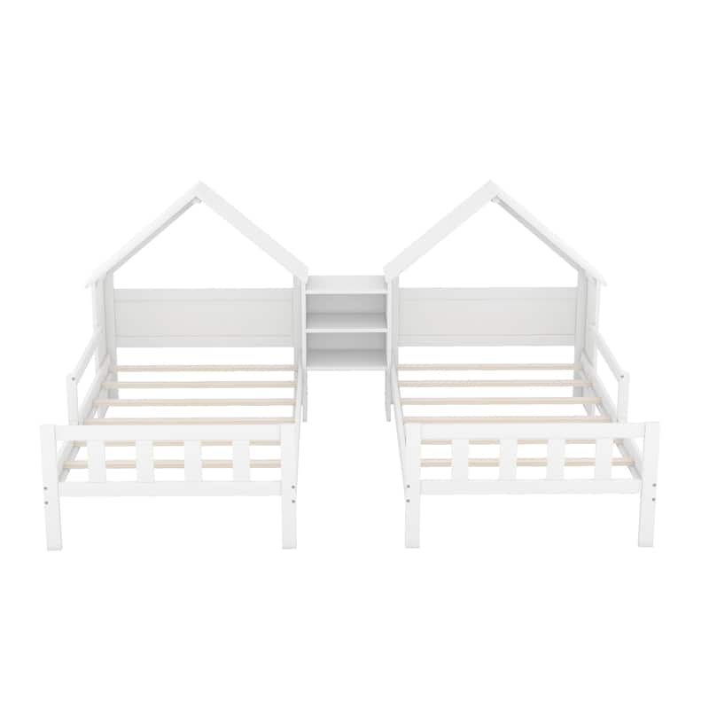 Double Twin Size Platform bed with House-shaped Headboard and a Built-in Nightstand, White