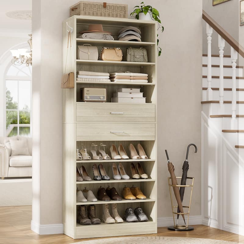 9-Tier Shoe Cabinet with 2 Drawers, Freestanding Closet Organizer with Adjustable Storage Shelves - Washed Oak
