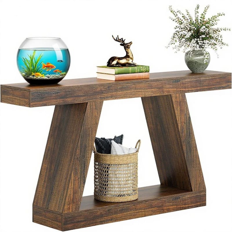 MDF Console Table with Farmhouse Rustic Style abd Storage - 55.12"W x 11.81"D x 31.5"H - Dark Brown