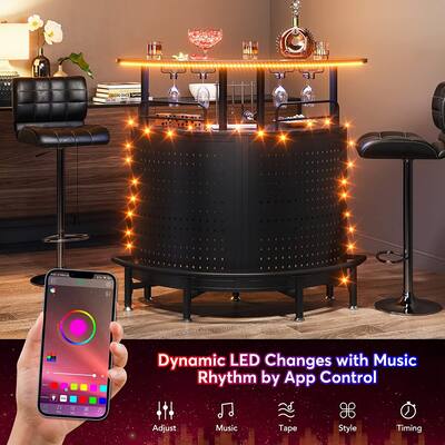 Smart Bar Unit with Led Lights, Wine Glasses Holder, Storage Shelves - 43.31"D x 41.34"W x 19.69"H