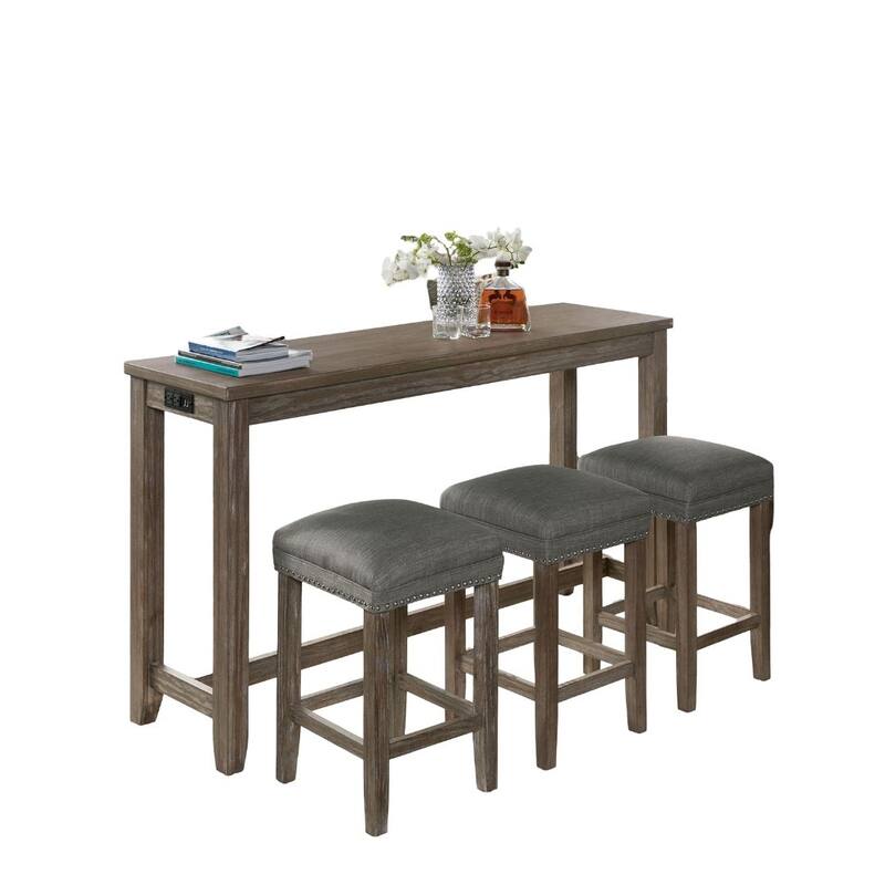 Transitional Style 4pc Dining Table Set 1x Table 3x Stool Padded Seat Nailhead Trim USB Port