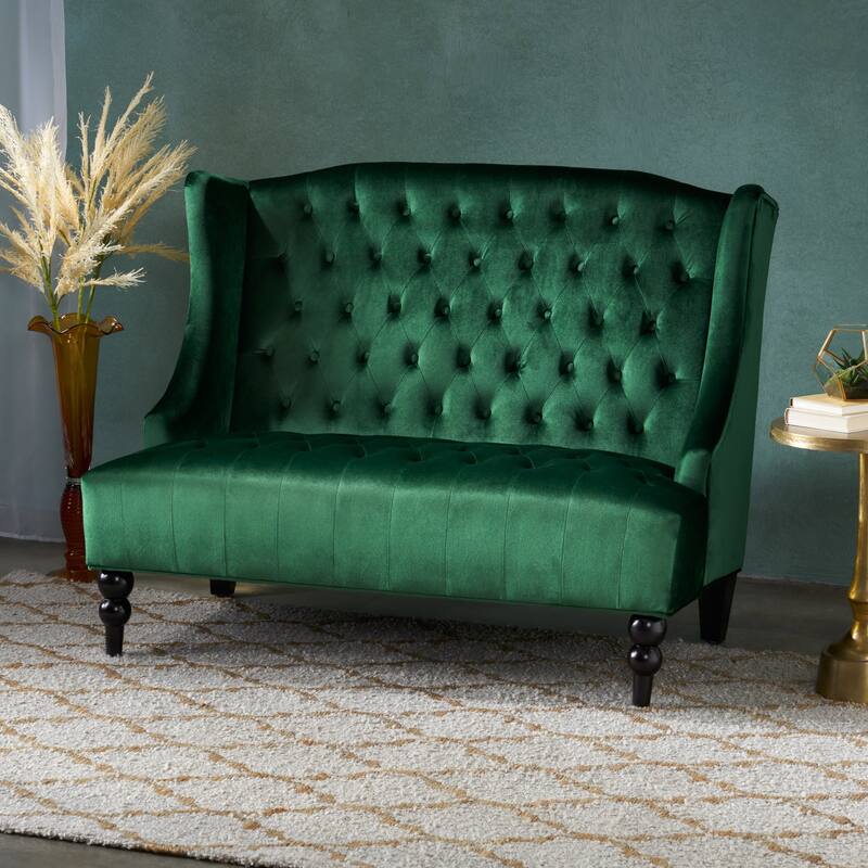 Leora Modern Glam Tufted Velvet Wingback Loveseat by Christopher Knight Home - Emerald