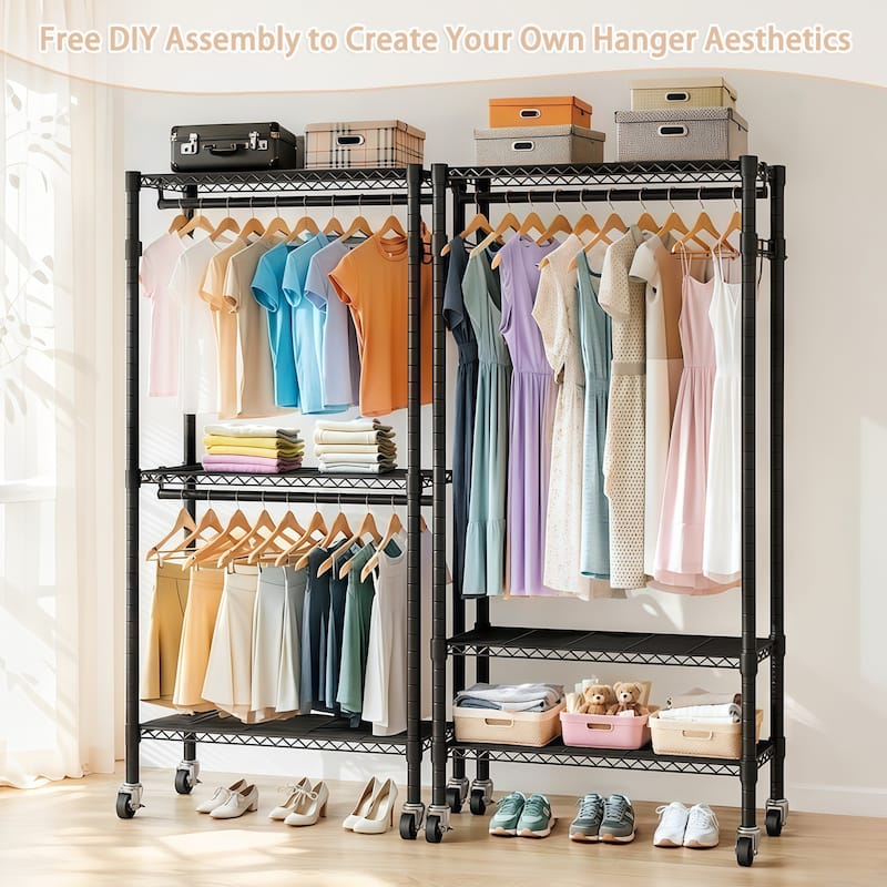 Modern Heavy Duty Coat Rack Rolling Clothes Rack with 3-Layer Dividers 2 Clothes Rods and Side Hooks, for Bedroom
