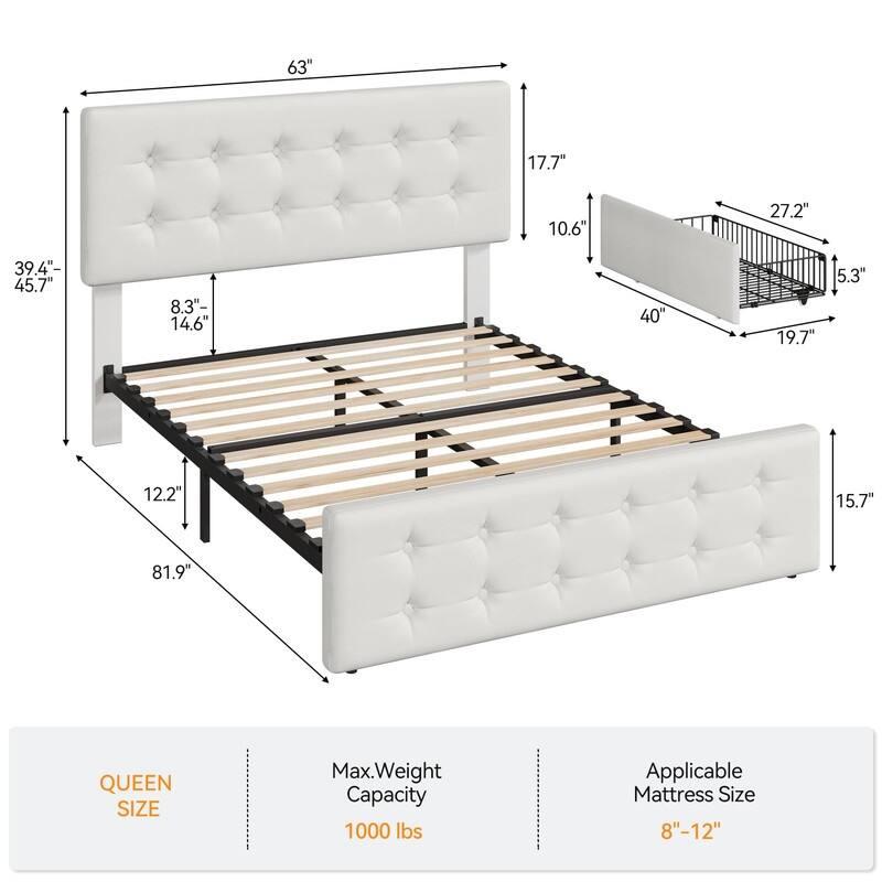 Upholstered Bed with 4 Drawers and Adjustable Button-Tufted Linen Headboard
