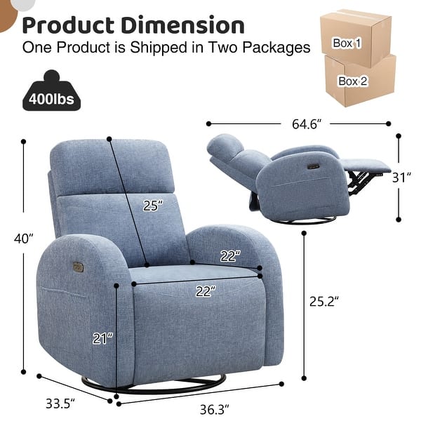 dimension image slide 0 of 12, Power Swivel Rocker Glider Nursery Recliner with USB Port Set of 2