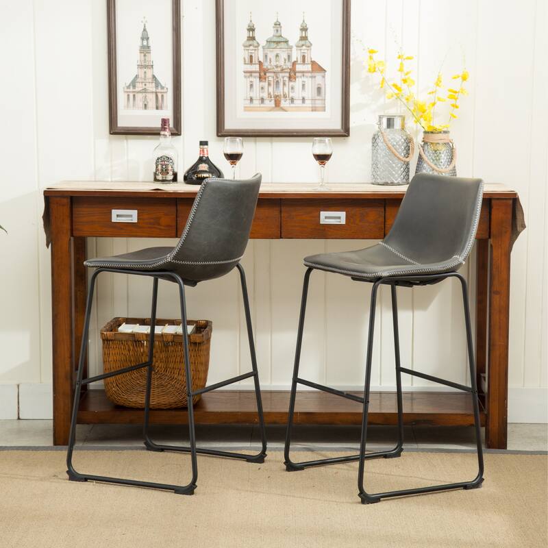 Vintage PU Leather Bar Stools with Footrest, Set of 2