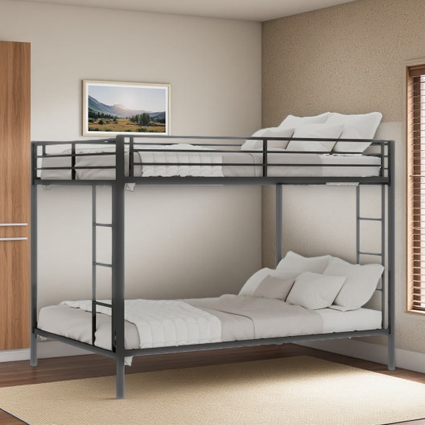 Queen Size Metal Bunk Bed with Sturdy Square Tube Frame, Dual Sleeping Areas with Ladders, Space-Saving Design
