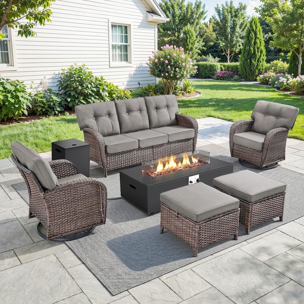 Pocassy 43-In Fire Pit w/ Outdoor Sofa Swivel Chair Ottoman Set