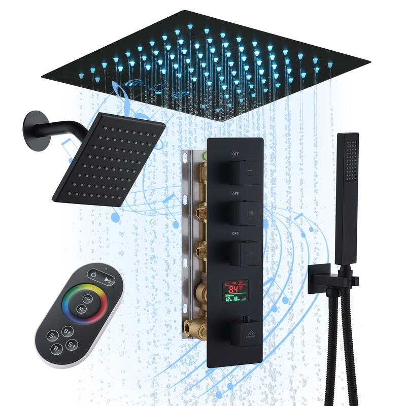 CASAINC Dual Heads 12 Inch Thermostatic Shower Head Shower System with 64 Color LED Light Bluetooth Control Music