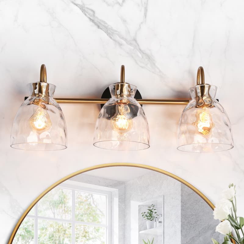 Elisie Modern Glam 3-light Bathroom Vanity Light Black Gold Sconce with Water Glass - L23" x W7.5" x H9"