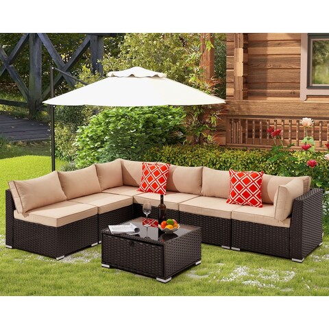 AC 7-Piece Wicker Patio Conversation Set with Cushions and 2 orange pillows