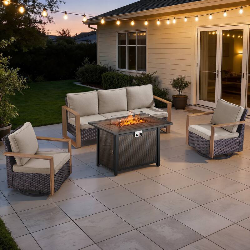 Meyreso Wicker Outdoor Patio Metal Fire Pit Set with Swivel Gliders & 4.5" Olefin Cushions - Brown / Beige Cushions - 4-Piece