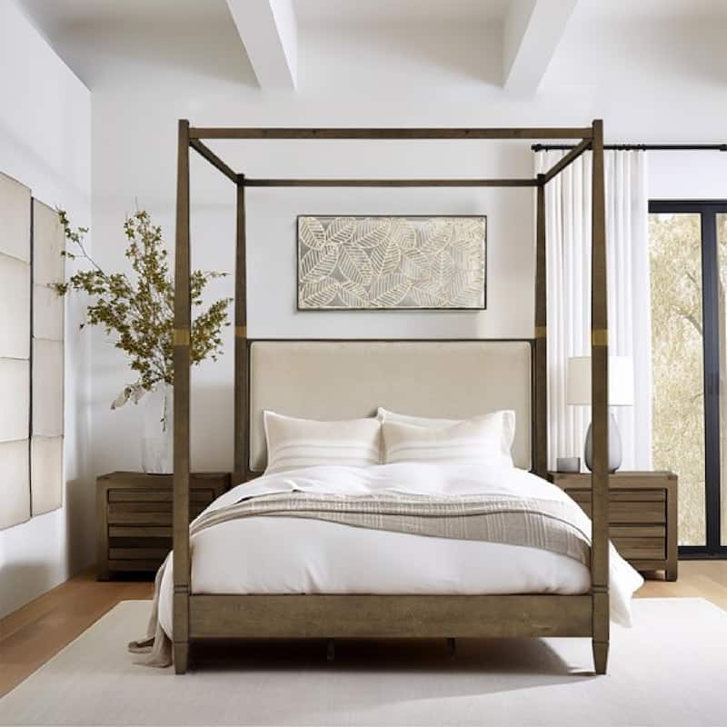 Roomfitters Modern Queen Canopy Bed Frame, Brown Solid Wood with Upholstered Headboard and Gold Metal Accents for Bedroom - Queen