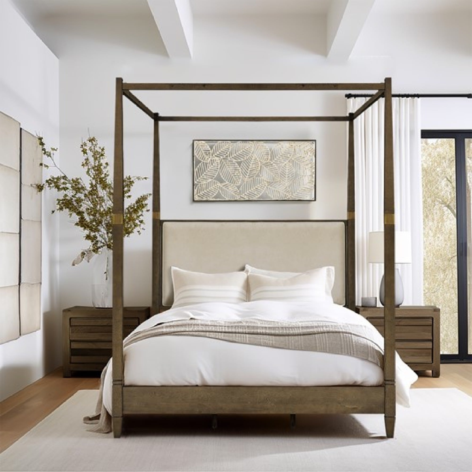 Roomfitters Modern Queen Canopy Bed Frame, Brown Solid Wood with Upholstered Headboard and Gold Metal Accents for Bedroom