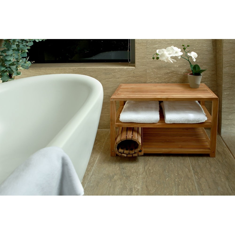 Nordic Style Natural Teak Shower and Bath Bench with Shelves 28" - 28" x 14" x19"