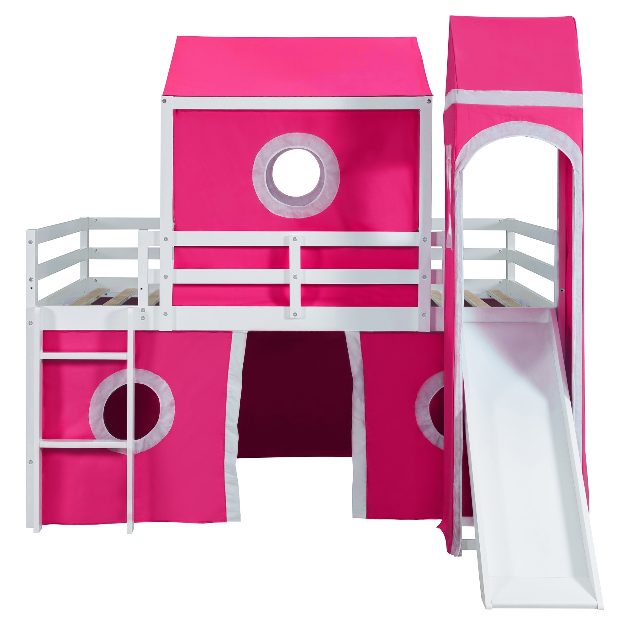 Pink Full Size House Loft Bed with Slide Tent and Tower